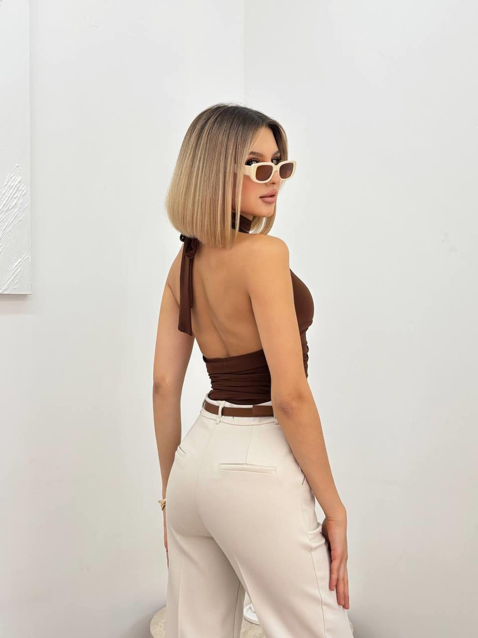 Boyun Bağlamalı Aksesuarlı Büzgülü Bluz 20069 KahveCoral