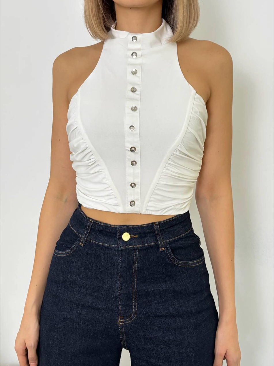 Boyundan Askılı Büzgülü Kolsuz Bluz 20119 EkruCoral