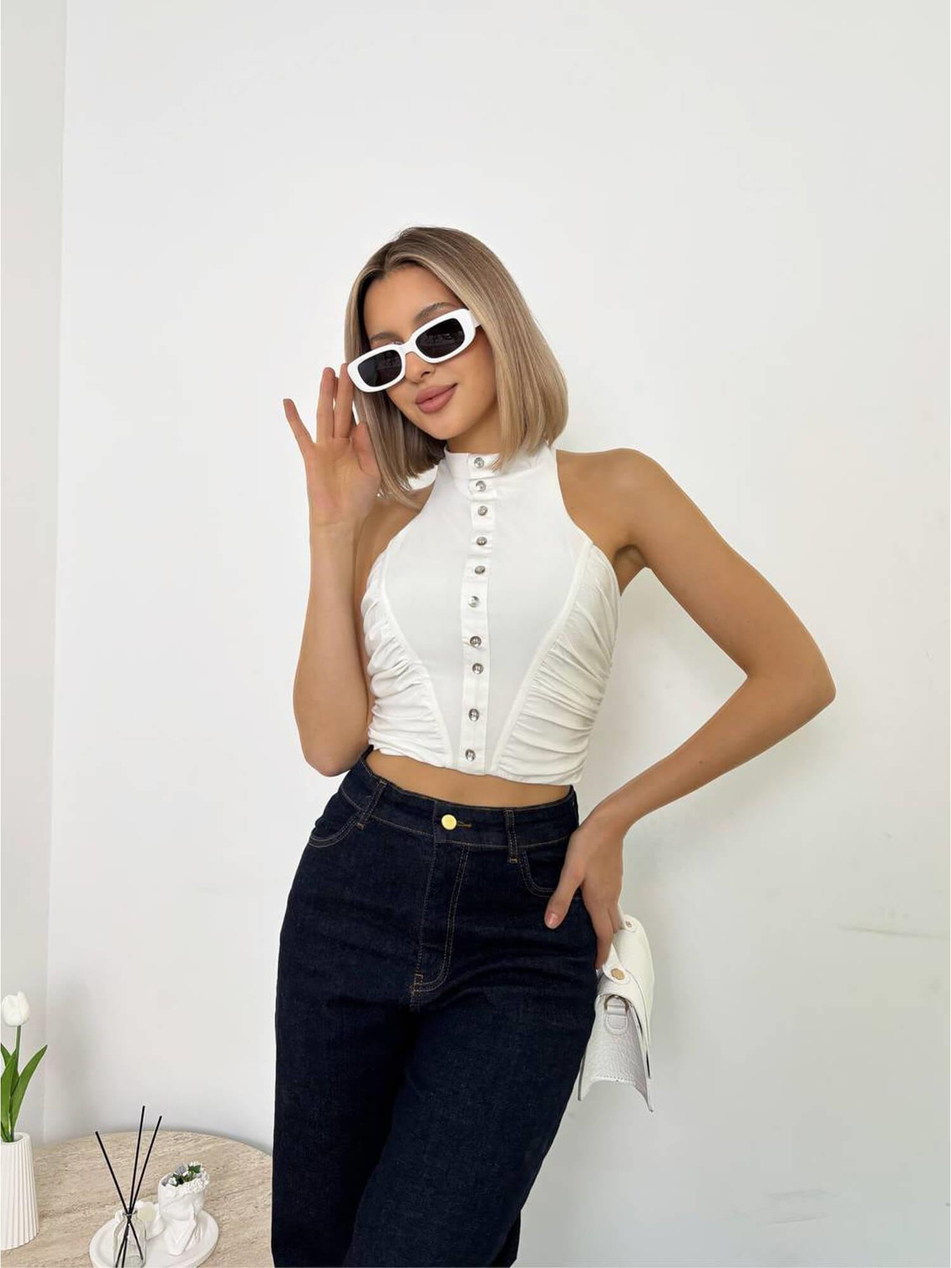 Boyundan Askılı Büzgülü Kolsuz Bluz 20119 EkruCoral