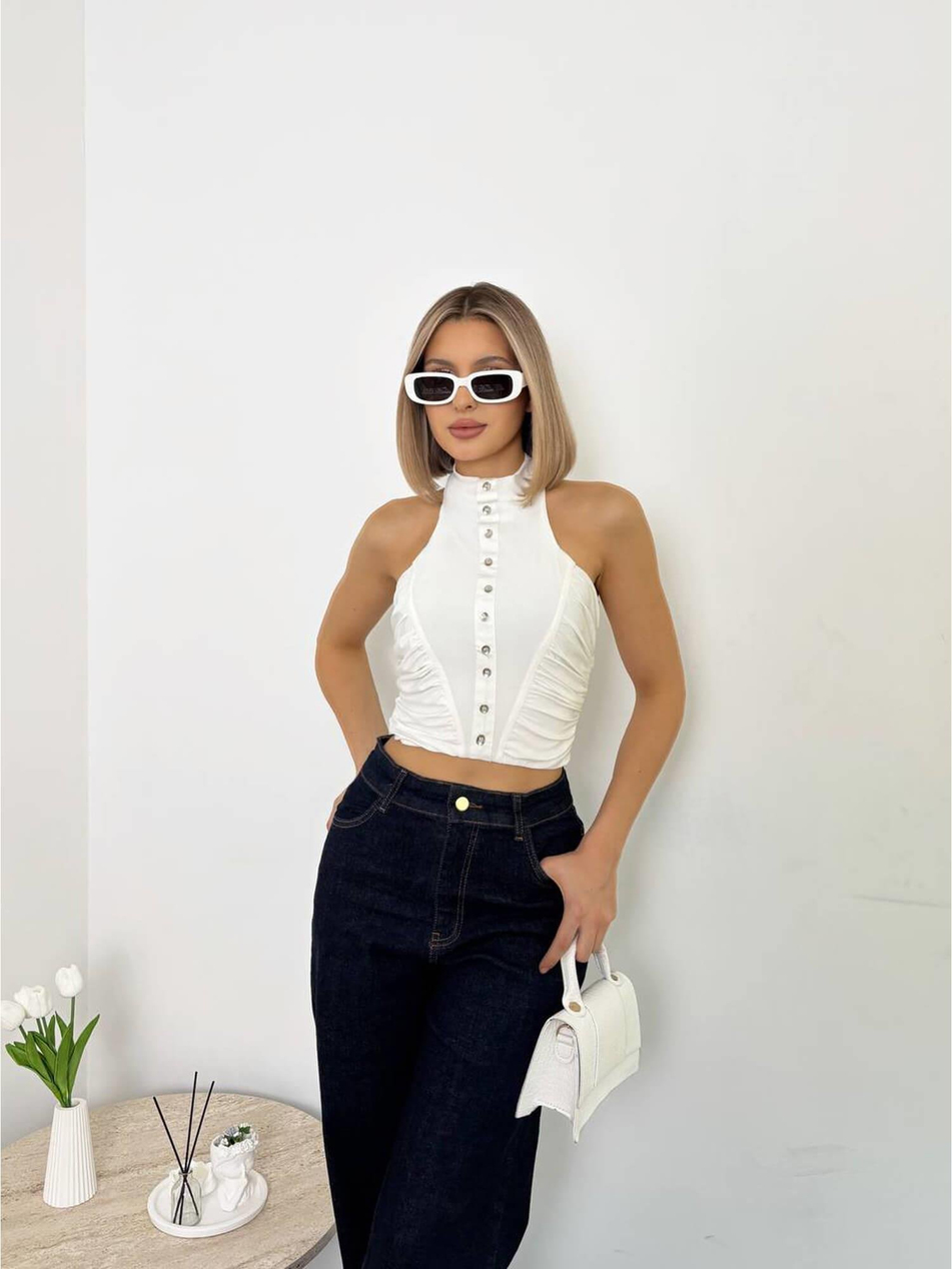 Boyundan Askılı Büzgülü Kolsuz Bluz 20119 EkruCoral