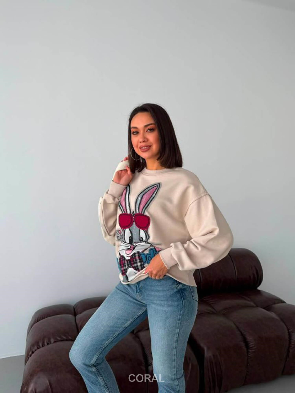 BugsBunny Gözlük Aplikeli SweatShirt 5901 BejCoral