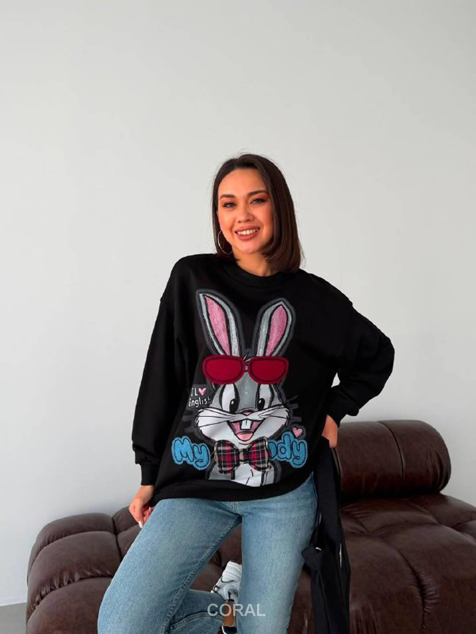 BugsBunny Gözlük Aplikeli SweatShirt 5901 SiyahCoral