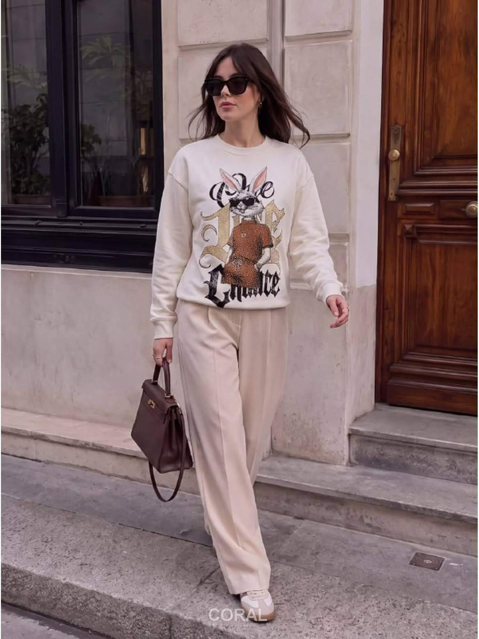 BugsBunny Taşlı SweatShirt 5924 BeyazCoral