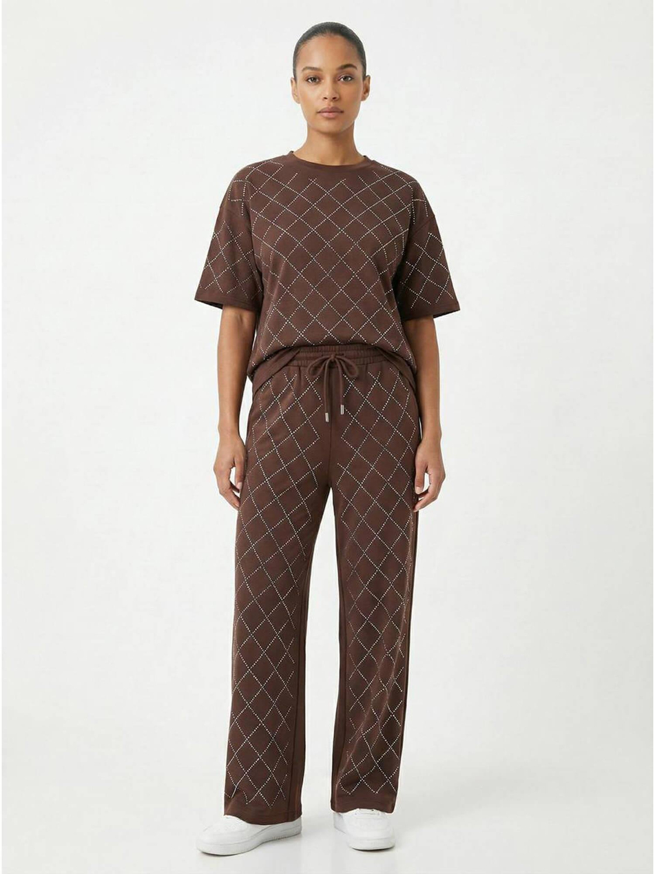 Büyük Baklava Taşlı Takım 7487 KahveCoral