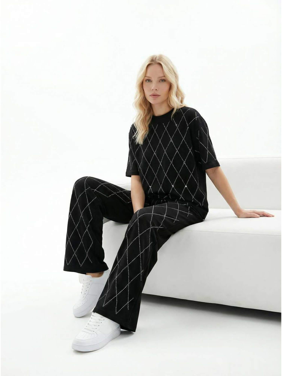 Büyük Baklava Taşlı Takım 7487 SiyahCoral