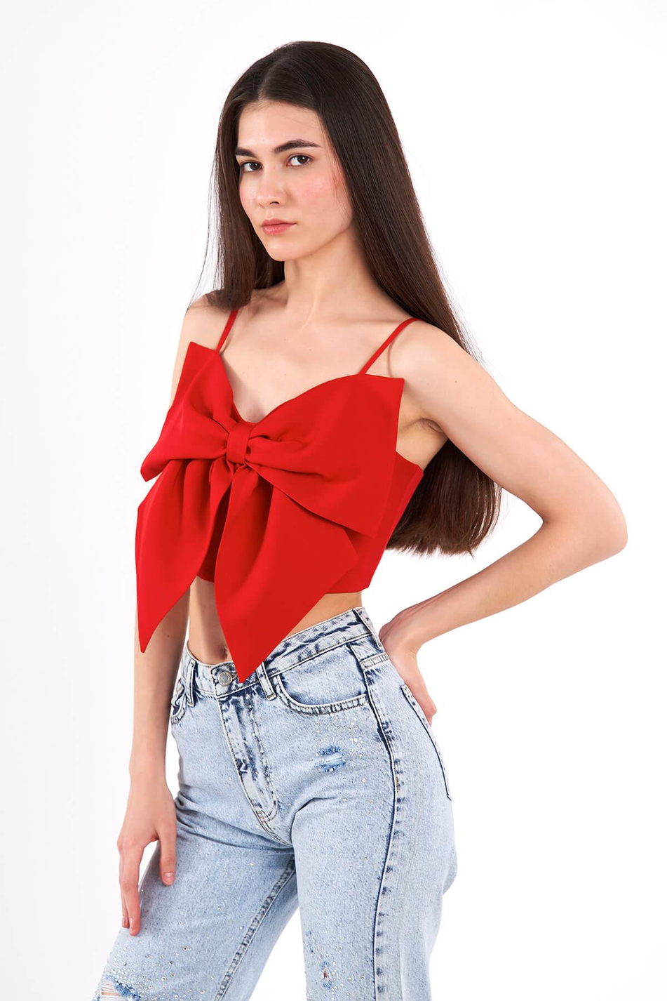 Büyük Fiyonklu Askılı Bluz Kırmızı-Coral