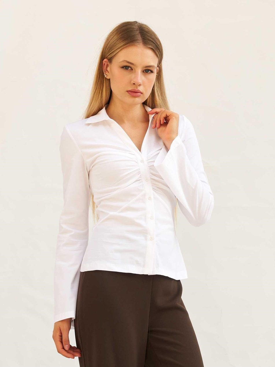 Büzgü Detaylı Poplin Gömlek 080884 BeyazCoral