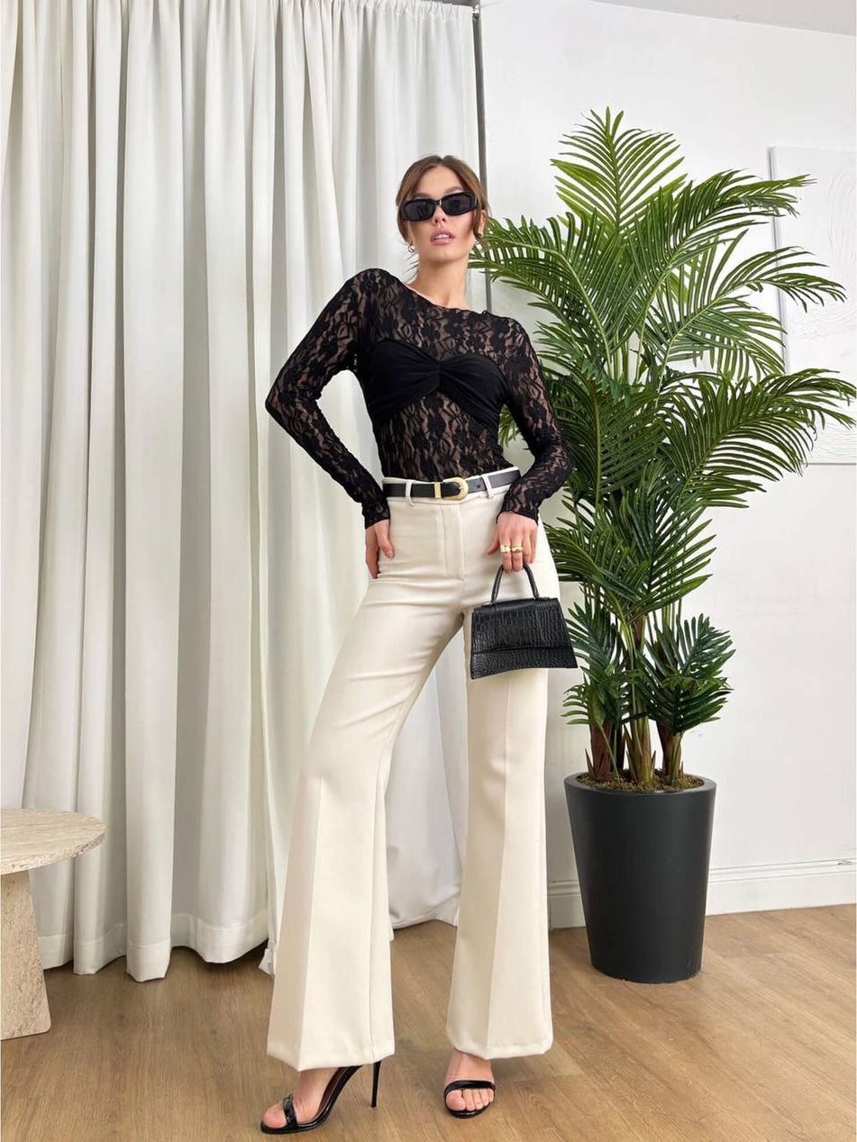 Büzgü Detaylı Tül Dantelli Bluz 20182 SiyahCoral