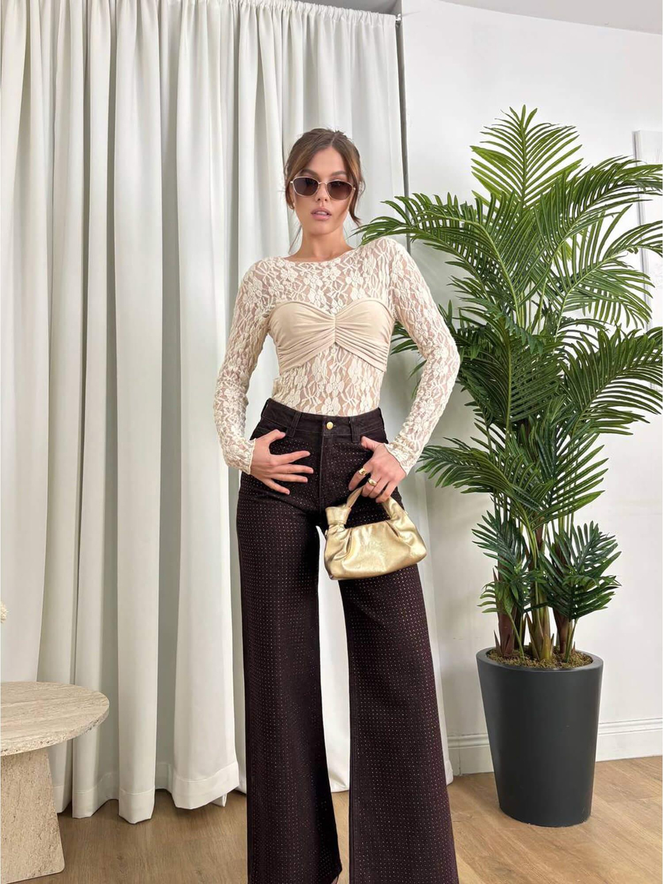 Büzgü Detaylı Tül Dantelli Bluz 20182 BejCoral