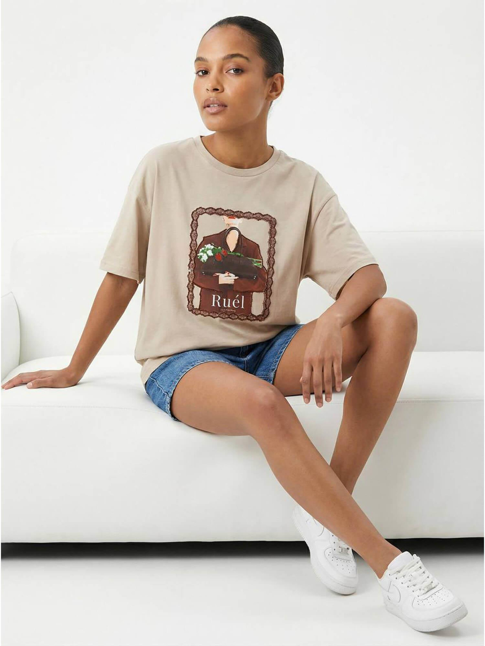 Çantalı Kadın Baskılı Tişört 7479 BejCoral