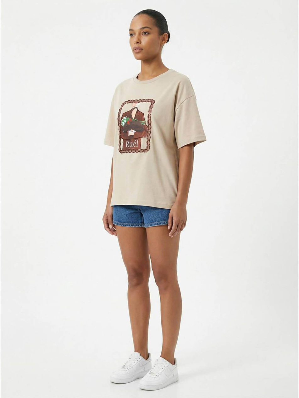 Çantalı Kadın Baskılı Tişört 7479 BejCoral