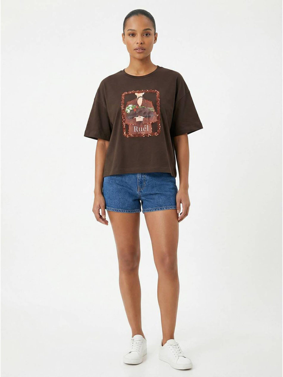 Çantalı Kadın Baskılı Tişört 7479 KahveCoral