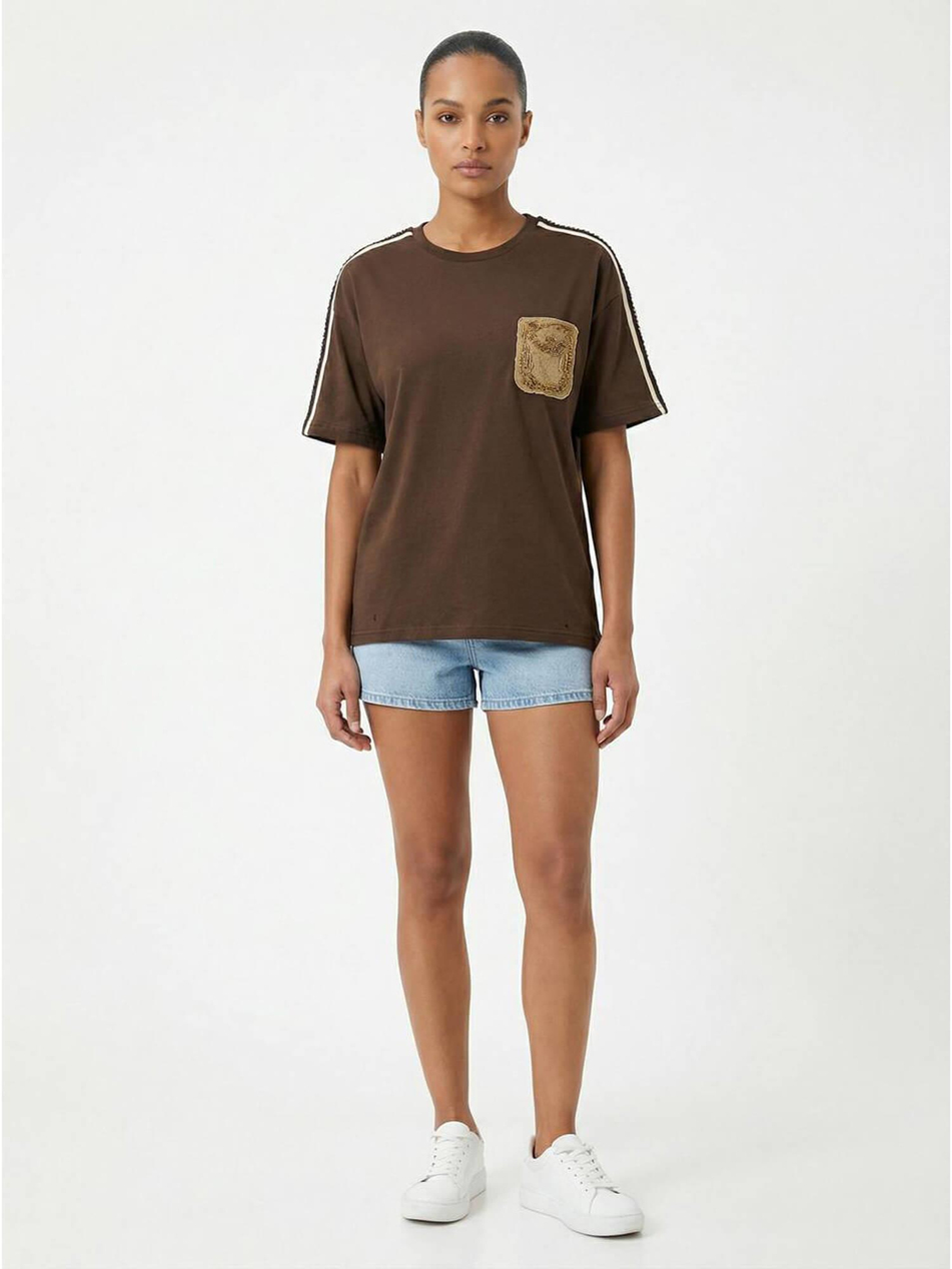 Cebi Pullu Nakışlı Tişört 7459 KahveCoral