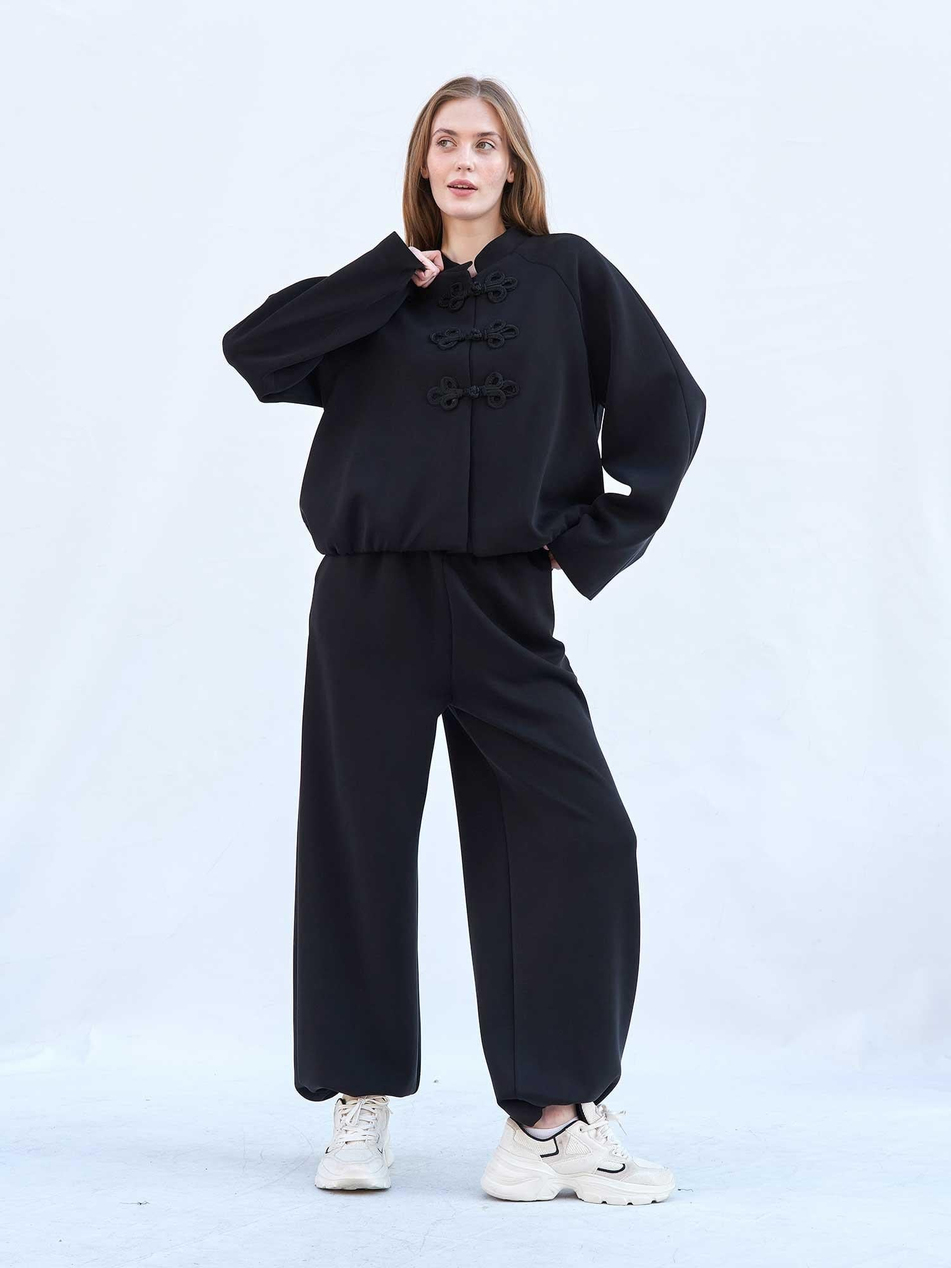 Ceket Pantolon Modal Örme Takım 220726 Bomber SiyahCoral