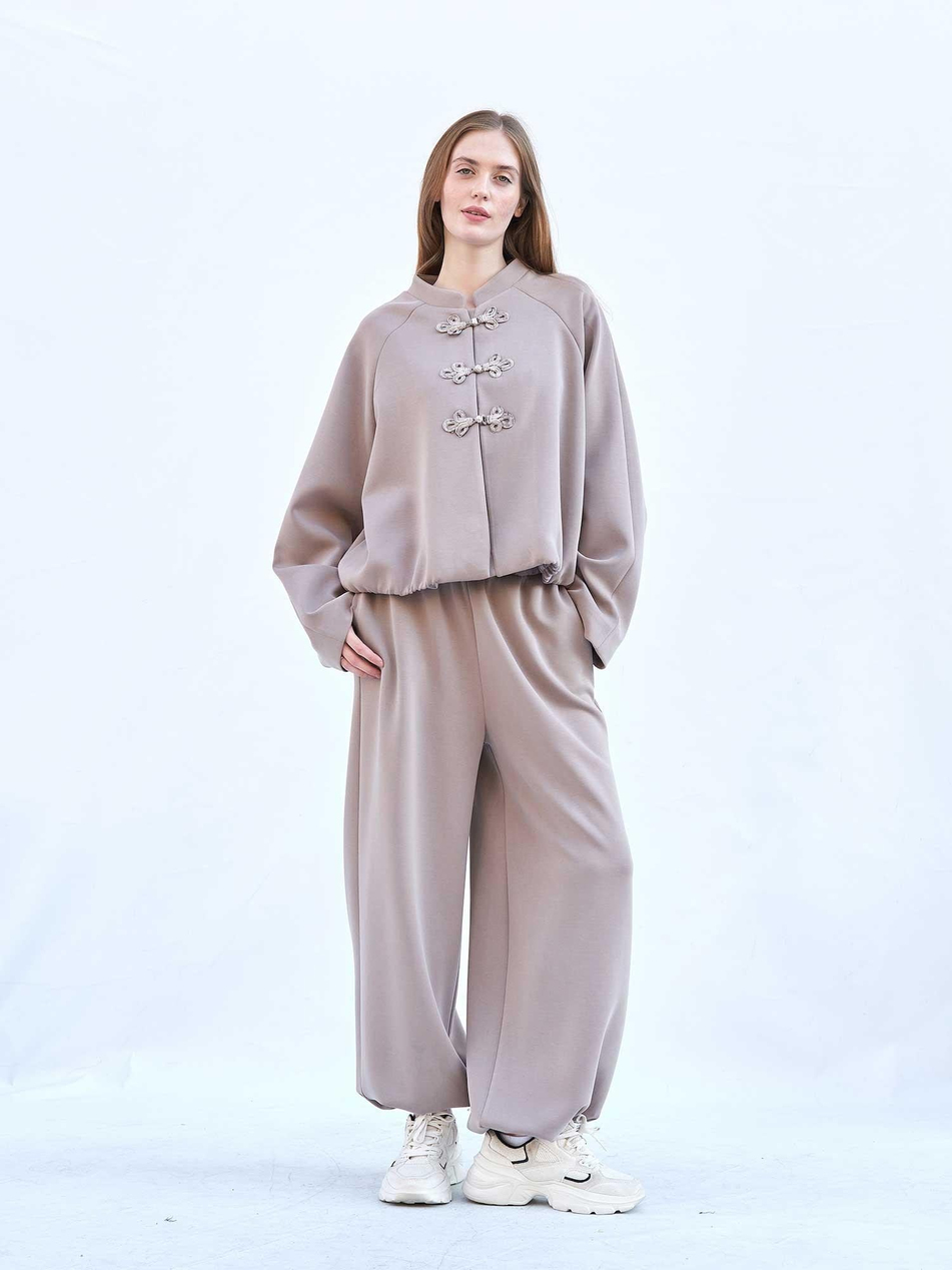 Ceket Pantolon Modal Örme Takım 220726 Bomber BejCoral