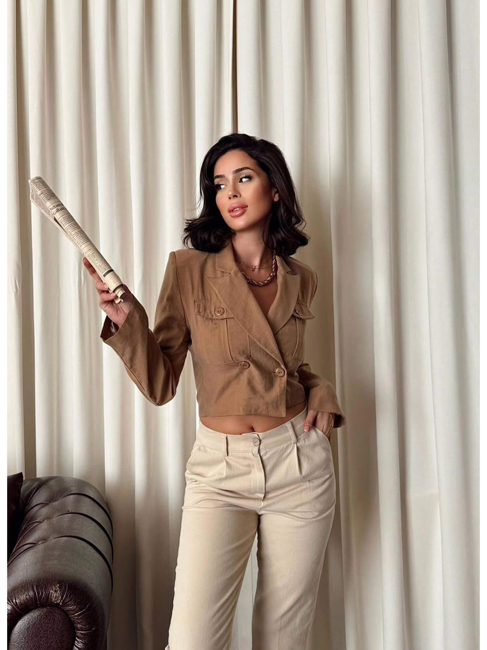 Cep Detaylı Kruvaze Kısa Bluz 3001 KiremitCoral