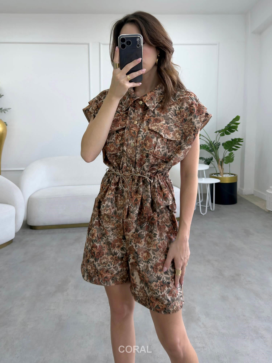 Çiçekli Kolsuz Gömlek 31295 BejCoral