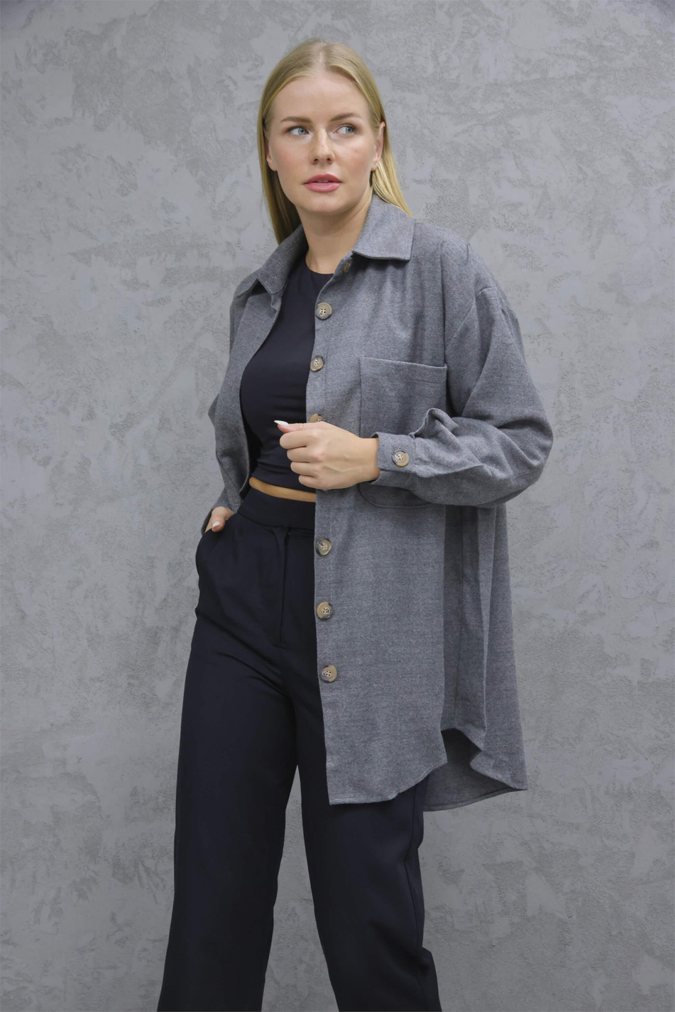 Çift Cepli Oversize Kaşe Gömlek Füme-Coral