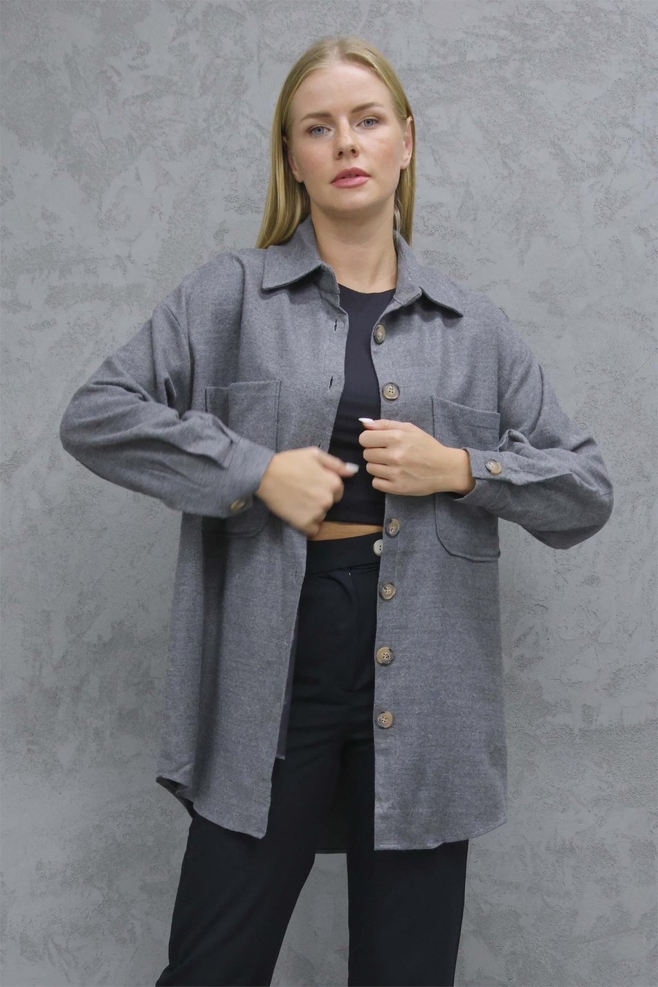 Çift Cepli Oversize Kaşe Gömlek Füme-Coral