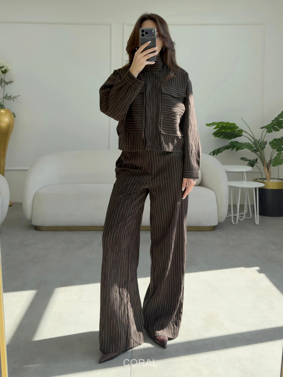 Çift Düğmeli Çizgili Pantolon PNT02466 KahveCoral
