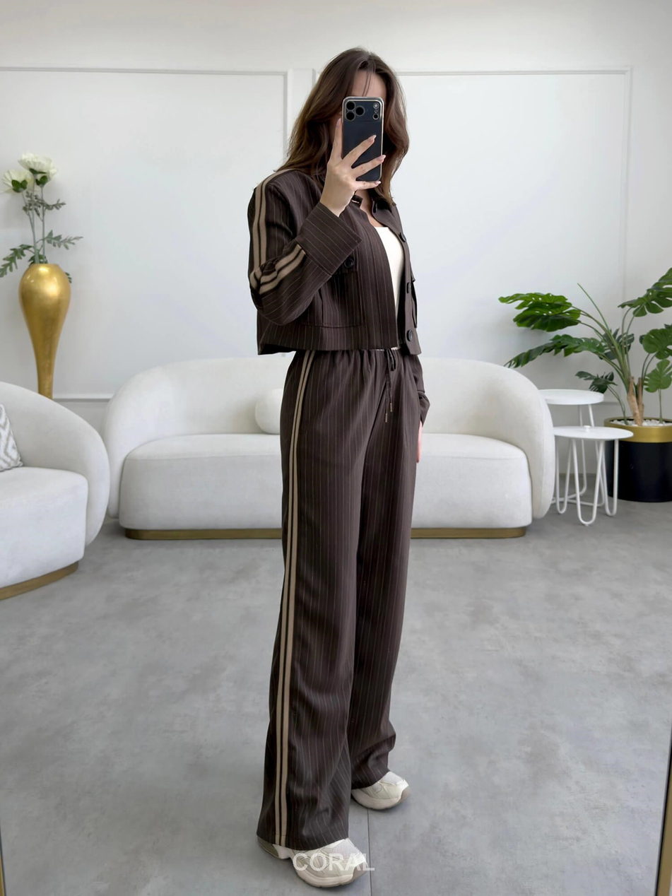 Çift Şeritli Çizgili Pantolon PNT02643 KahveCoral