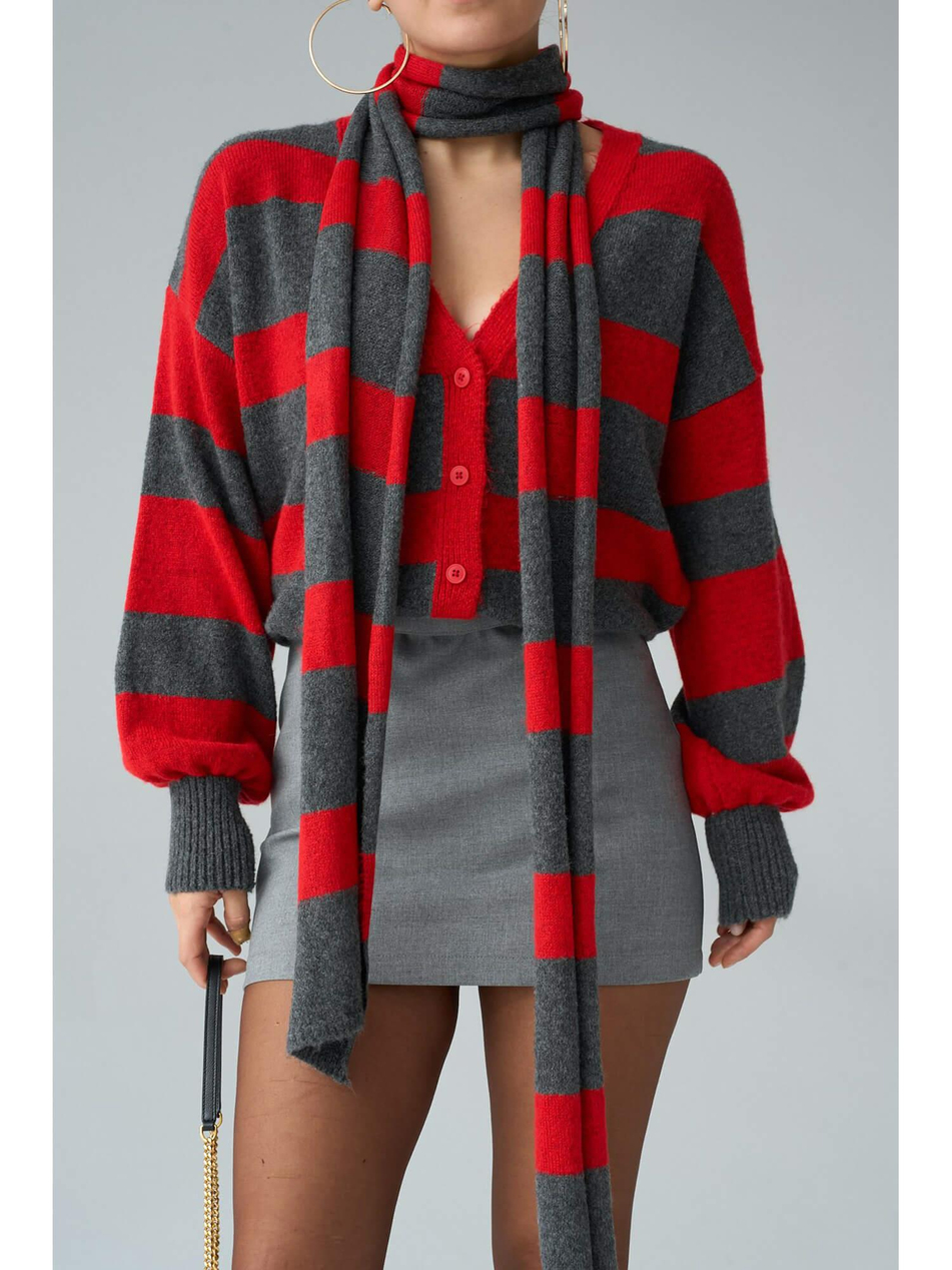 Çizgili Atkılı Hırka Th251111 Antrasit - KırmızıCoral