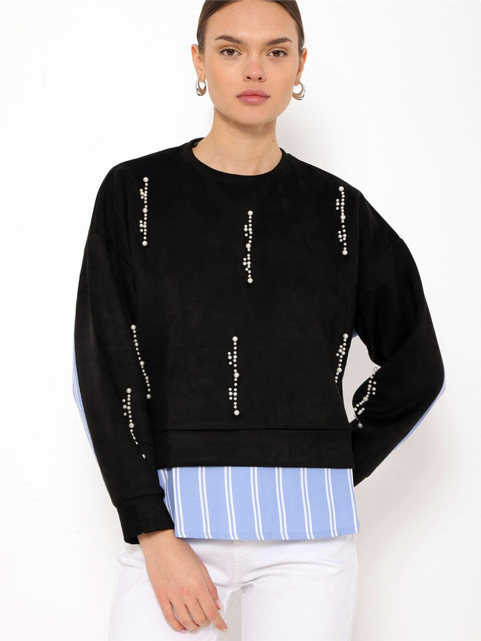 Çizgili Gömlek Garnili İncili Sweatshirt Siyah