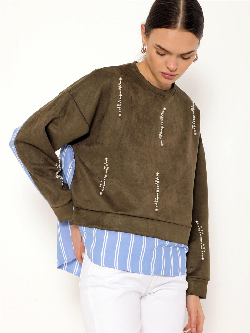 Çizgili Gömlek Garnili İncili Sweatshirt Haki-Coral