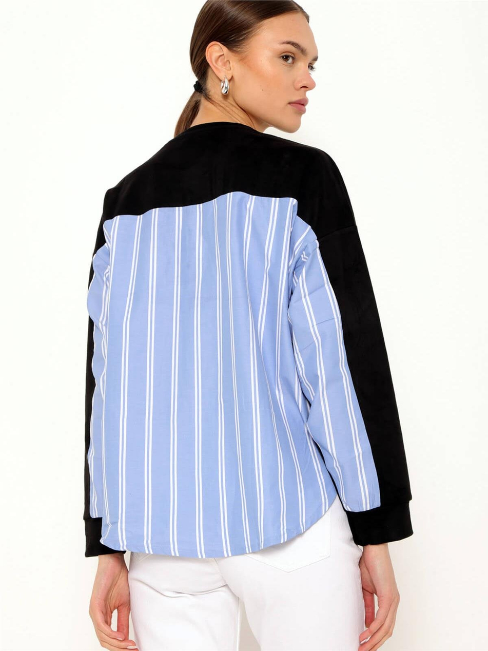 Çizgili Gömlek Garnili İncili Sweatshirt Siyah-Coral