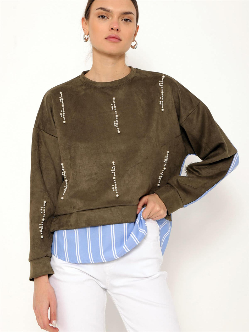 Çizgili Gömlek Garnili İncili Sweatshirt Haki-Coral