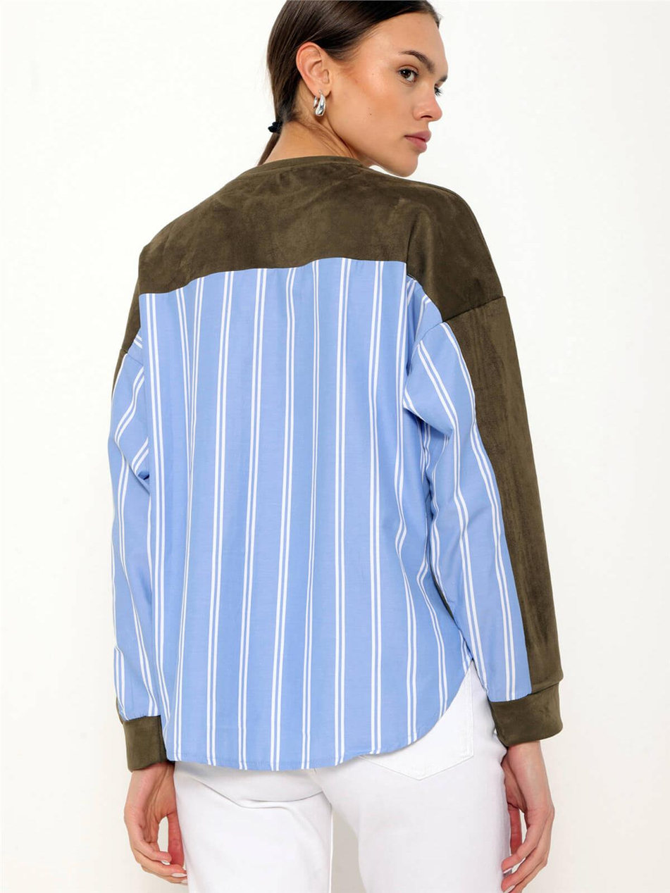 Çizgili Gömlek Garnili İncili Sweatshirt Haki-Coral