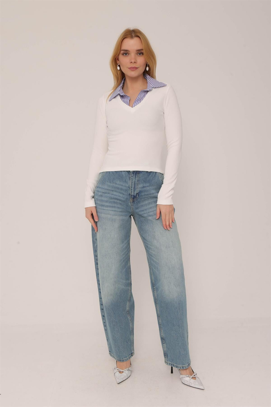 Çizgili Poplin V Yakalı Bluz Ekru-Coral