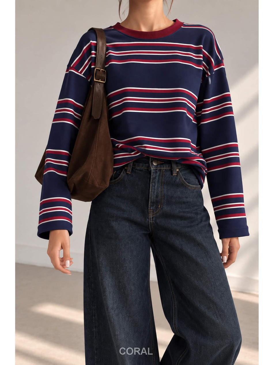 Çizgili Uzun İnce Sweatshirt 12712 Lacivert / BordoCoral