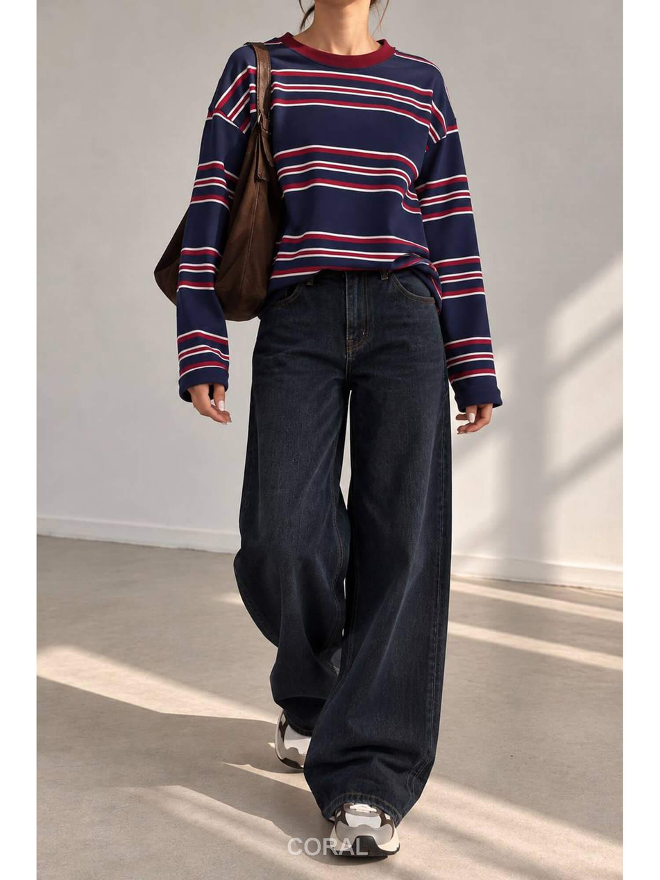 Çizgili Uzun İnce Sweatshirt 12712 Lacivert / BordoCoral