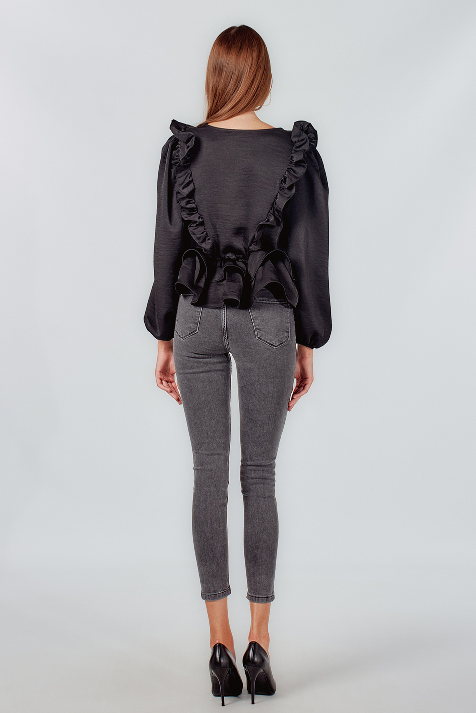 Coral 8095 V Yaka Volanlı Bluz Siyah-Coral
