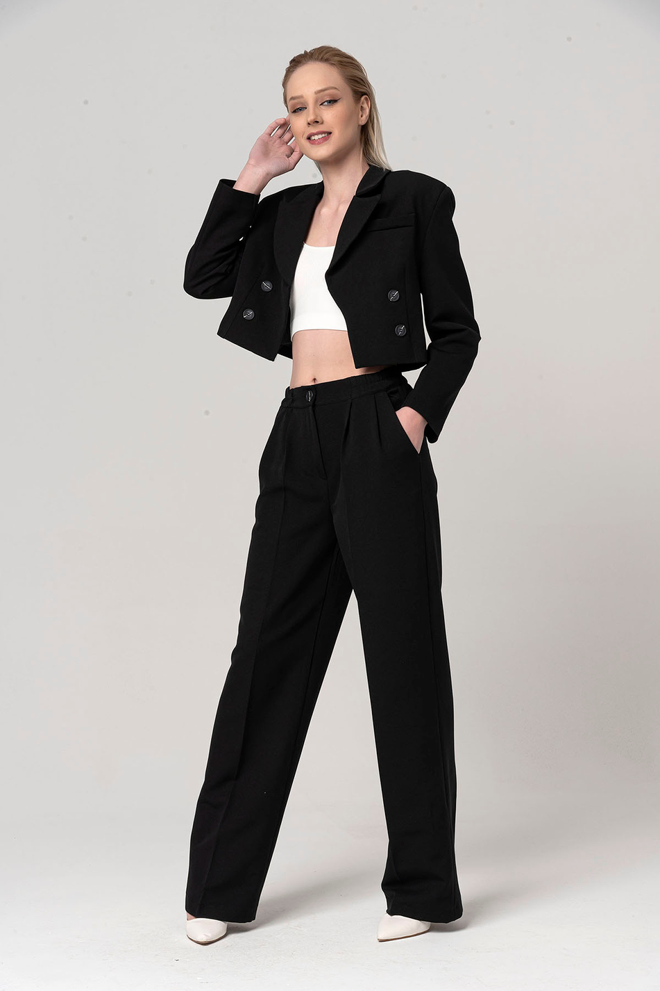 Crop Ceket Pantolon Takım Siyah-Coral