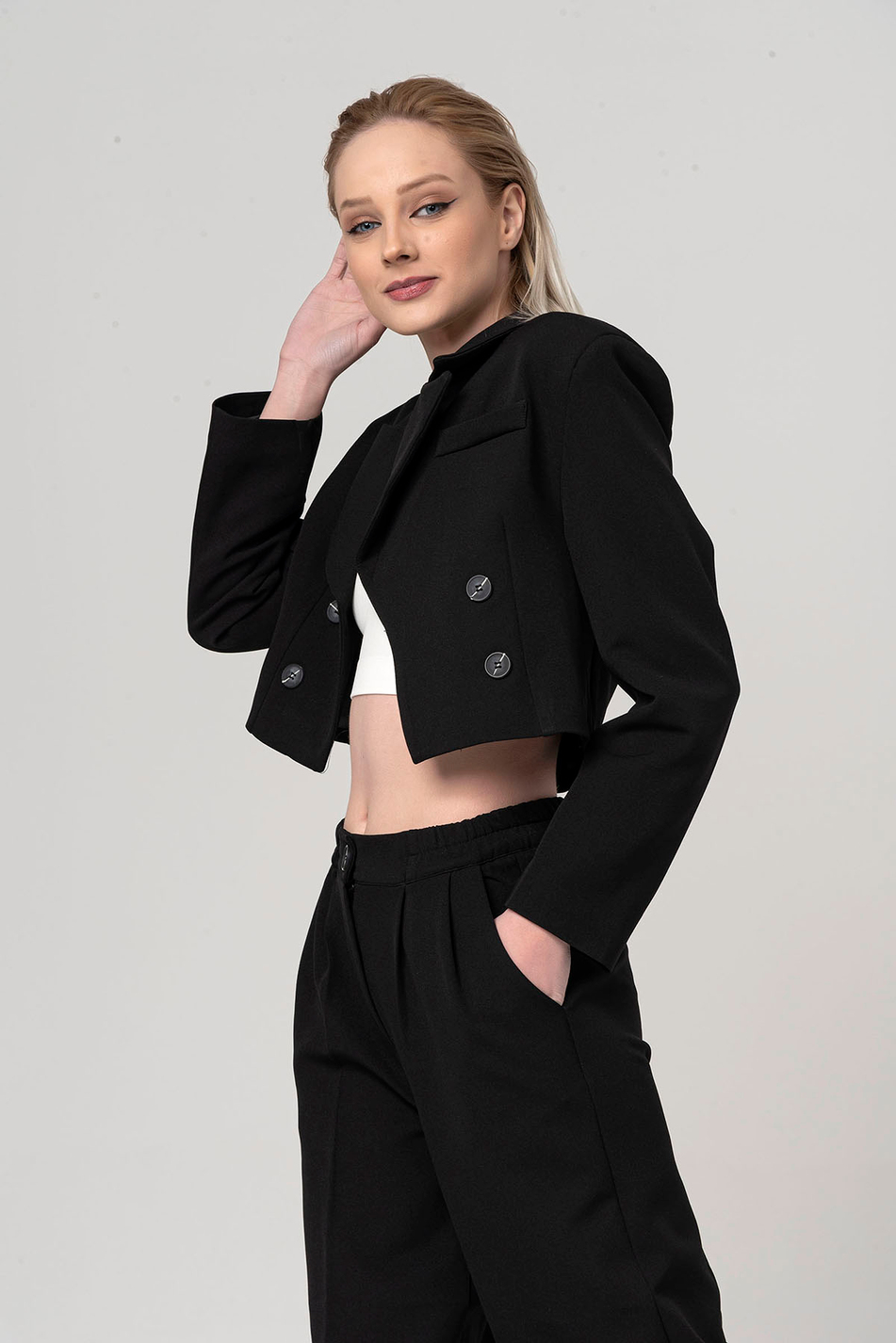 Crop Ceket Pantolon Takım Siyah-Coral