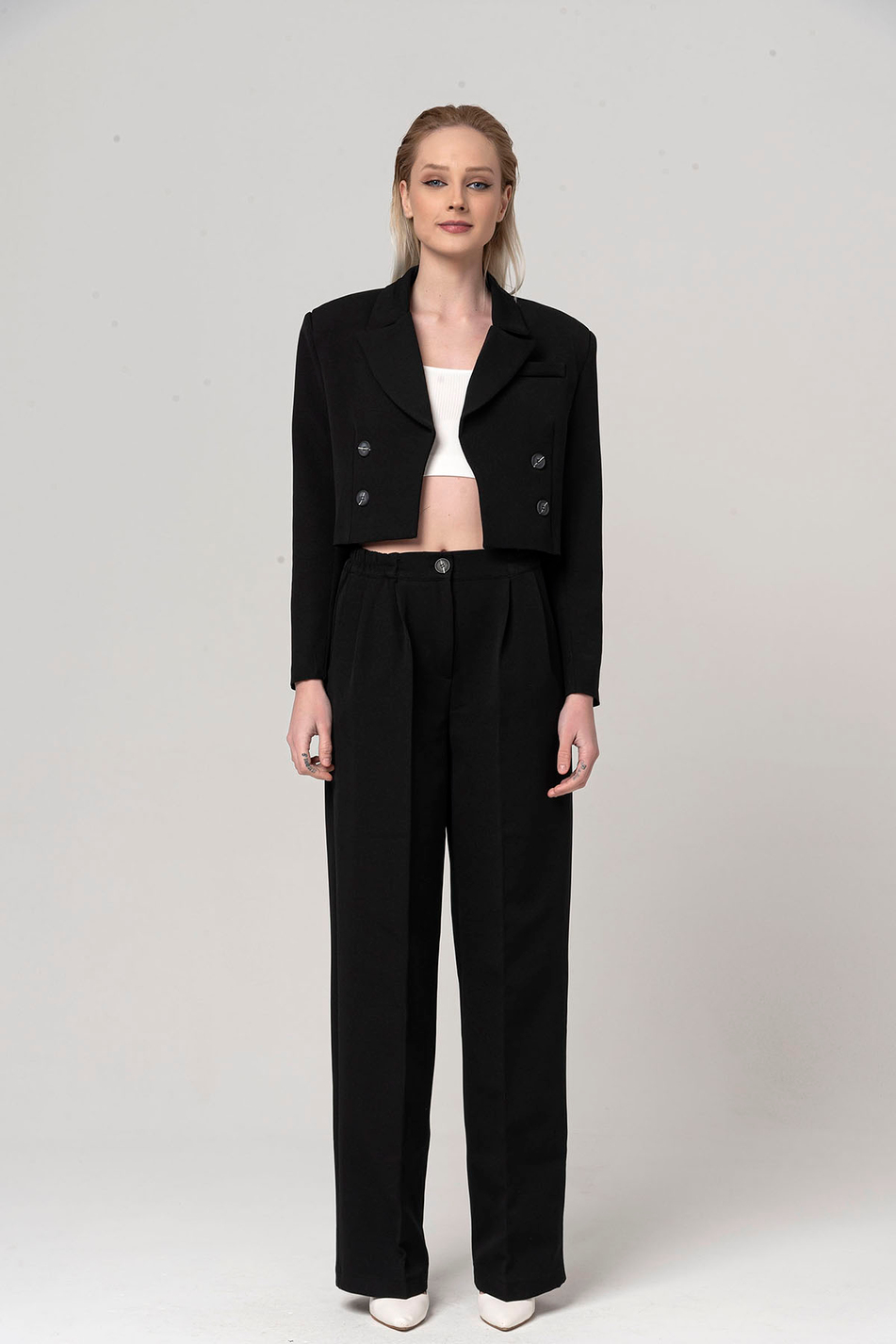 Crop Ceket Pantolon Takım Siyah-Coral