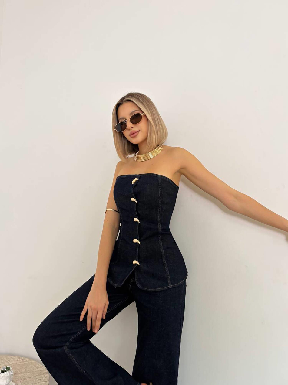 Damla Düğmeli Straplez Bluzlu Kot Takım 30019 LacivertCoral