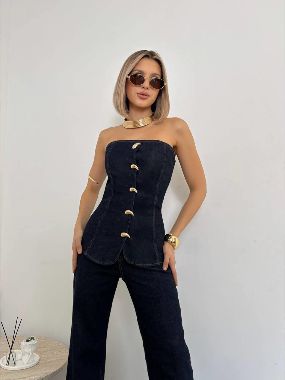 Damla Düğmeli Straplez Bluzlu Kot Takım 30019 LacivertCoral