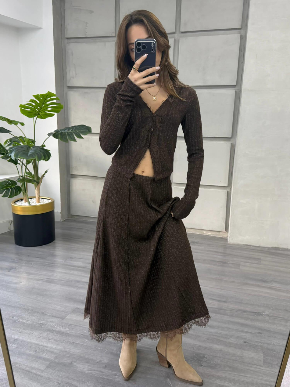 Dantel Detaylı Düğmeli Bluz 31345 KahveCoral