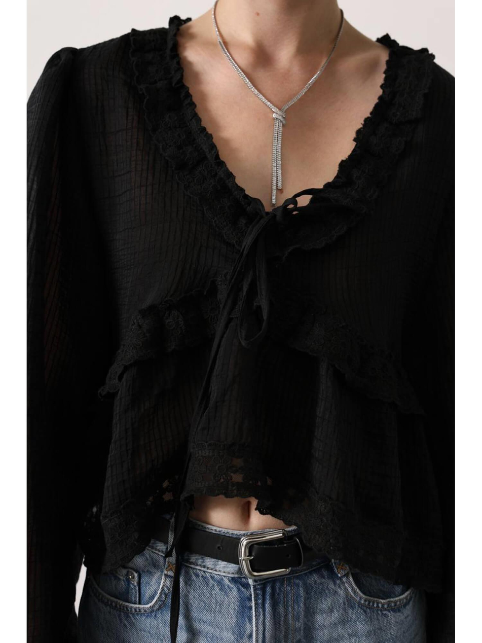 Dantel Detaylı Yakası Bağcıklı Bluz 31350 SiyahCoral