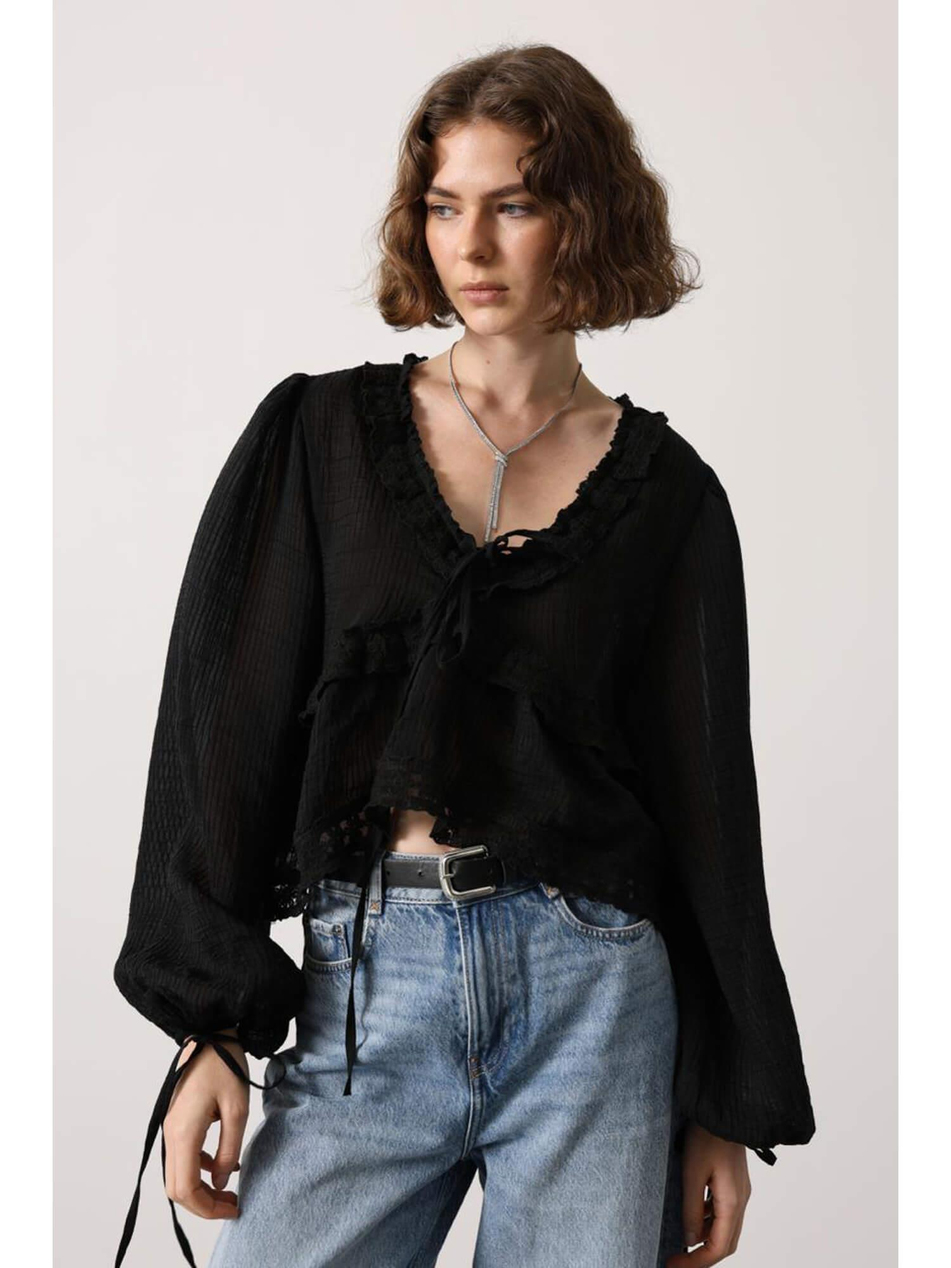 Dantel Detaylı Yakası Bağcıklı Bluz 31350 SiyahCoral