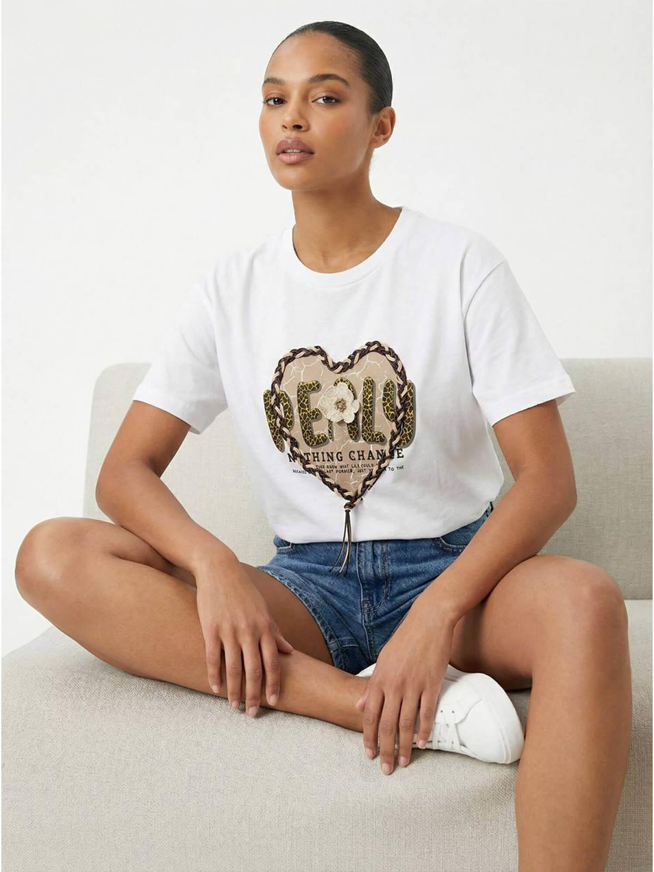 Deri Bağcıklı Kalp Baskılı Tişört 7447 BeyazCoral