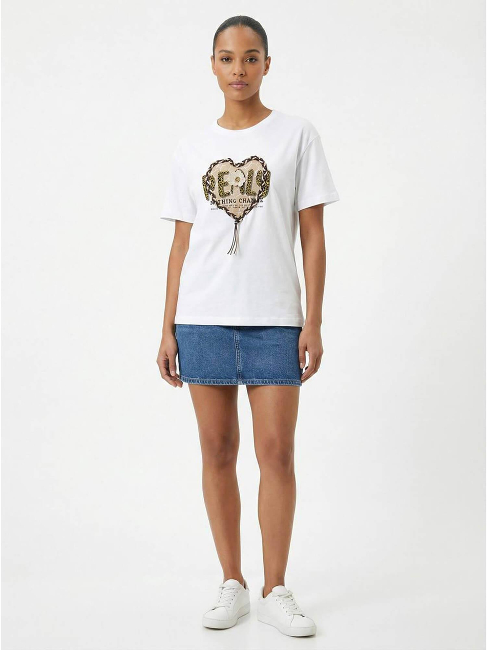 Deri Bağcıklı Kalp Baskılı Tişört 7447 BeyazCoral