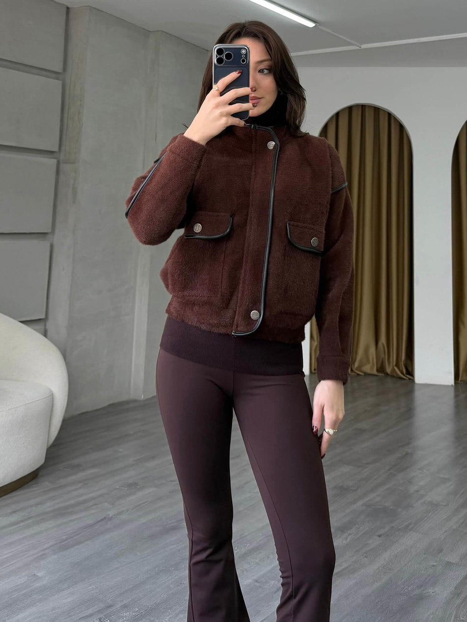 Deri Detaylı Dik Yaka Hırka 140205 KahveCoral