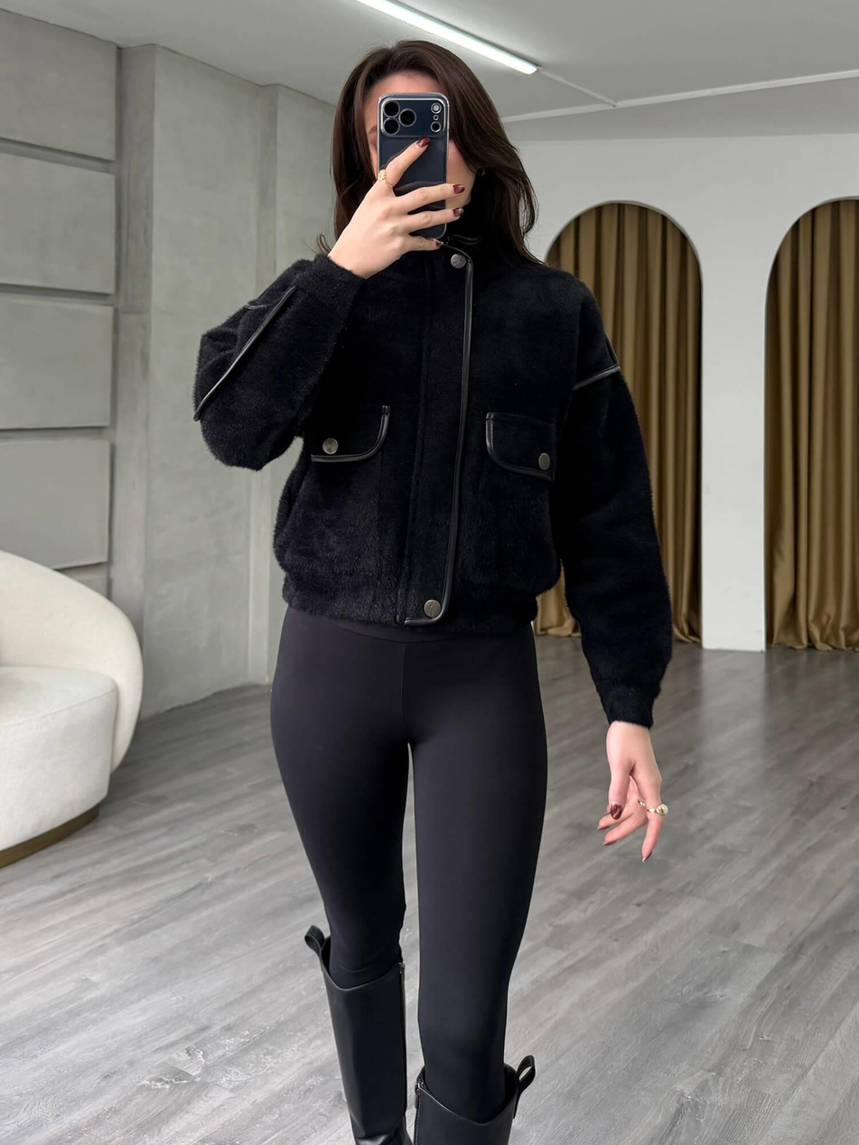 Deri Detaylı Dik Yaka Hırka 140205 Siyah