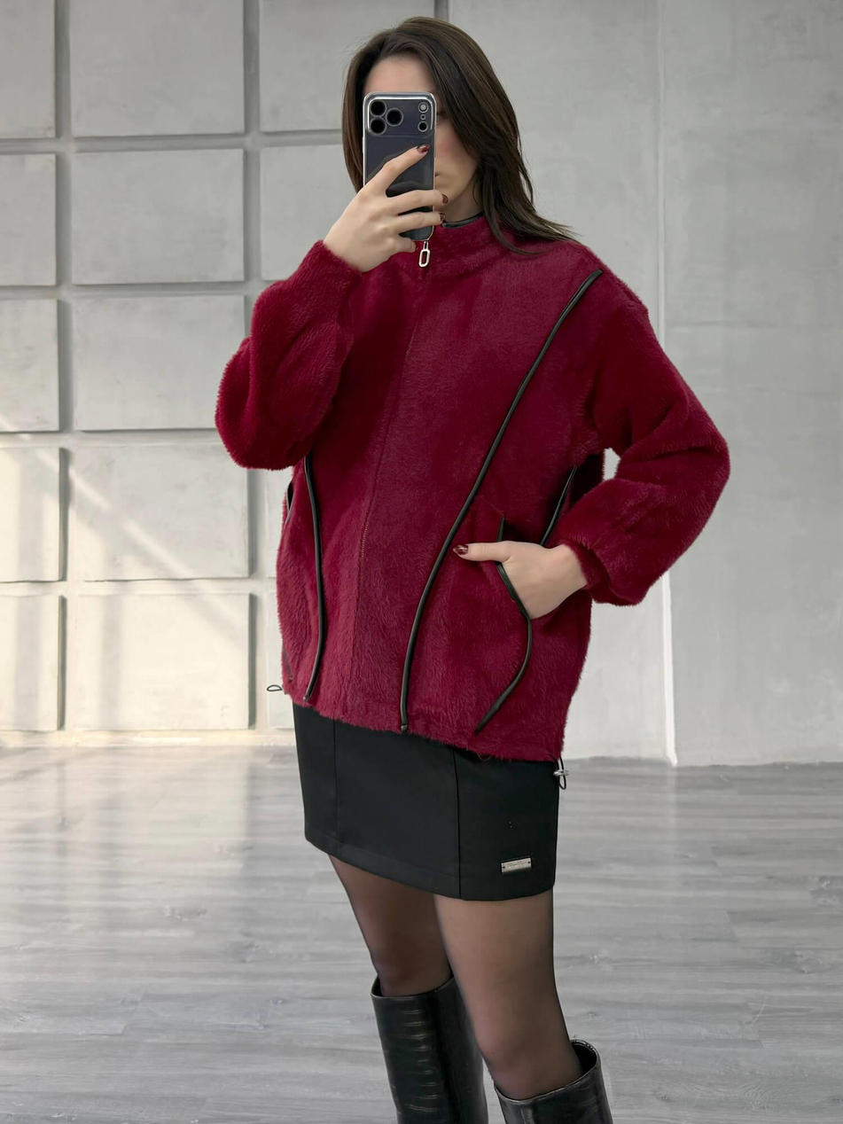 Deri Detaylı Fermuarlı Yumoş Hırka 140206 Bordo