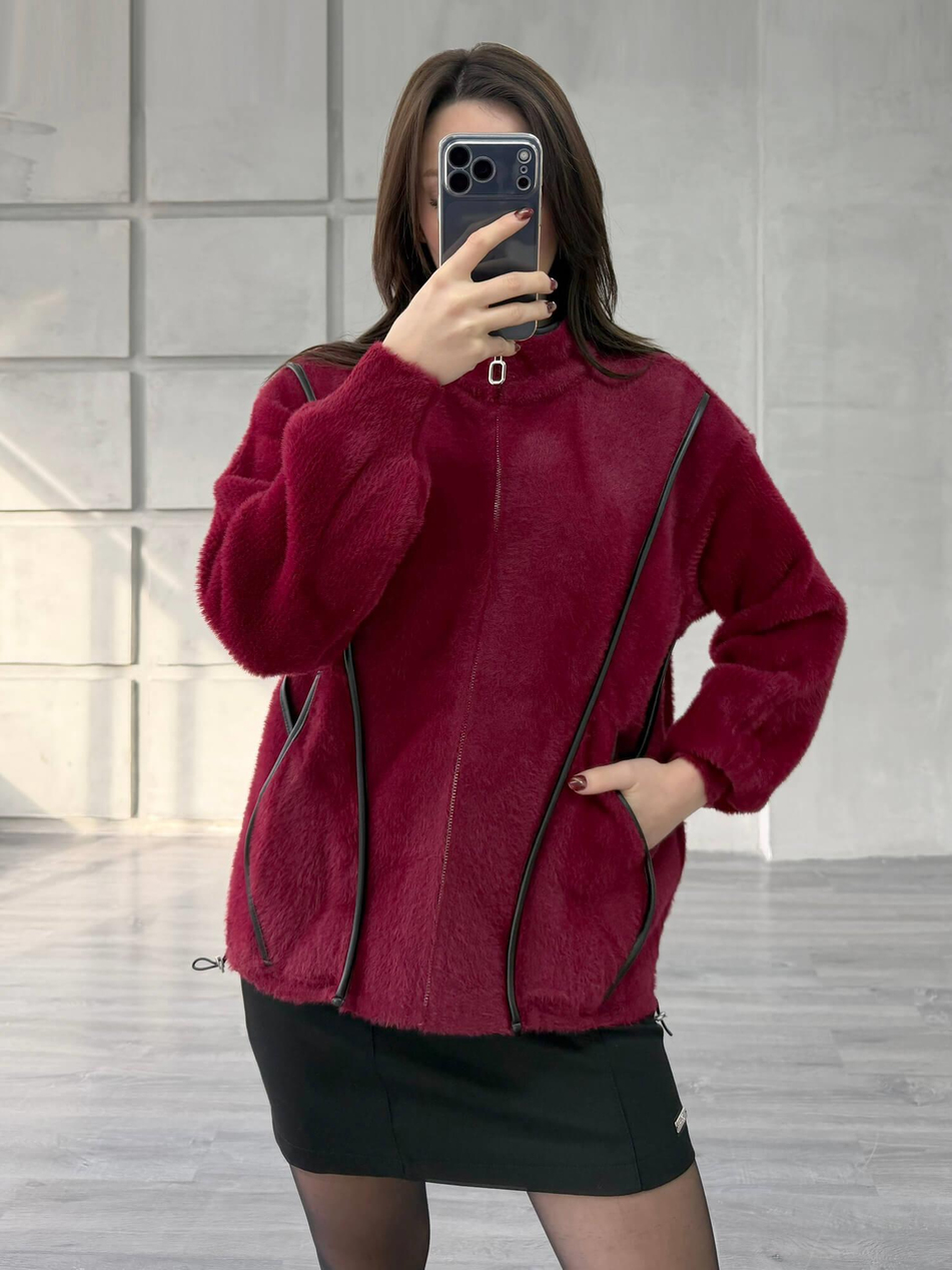 Deri Detaylı Fermuarlı Yumoş Hırka 140206 BordoCoral