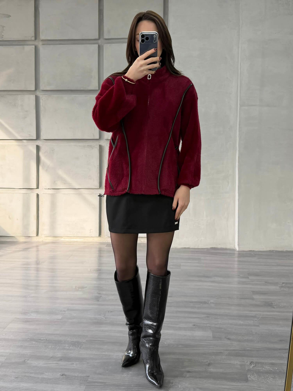 Deri Detaylı Fermuarlı Yumoş Hırka 140206 BordoCoral